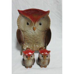 VTG Owl Glazed Ceramic Dish with Matching Salt and Pepper Shakers 3 Piece